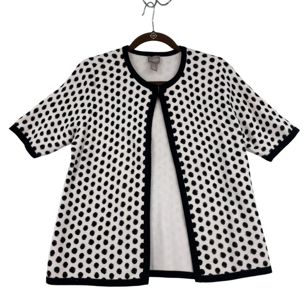 Chico's Sandra Open Cardigan Sweater‎ Size M Black Cream Polka Dot Cotton